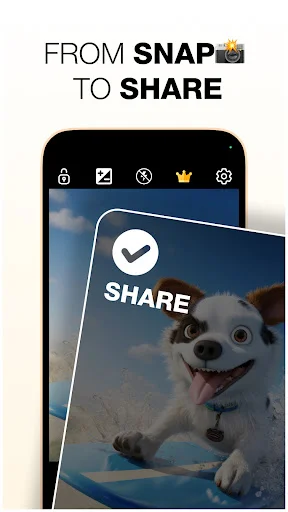 GCamGo photo sharing interface with share button confirmation for quick sharing of edited photos to social media and messaging apps