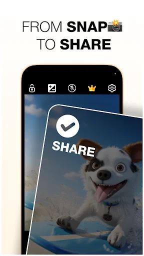 GCamGo Camera share interface with checkmark confirmation and Share button for quick photo sharing from camera app