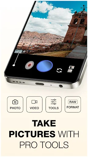 GCamGo Camera app interface showing scenic landscape photo preview with capture button, color filters, and Photo, Video, Tools, Raw Format mode options