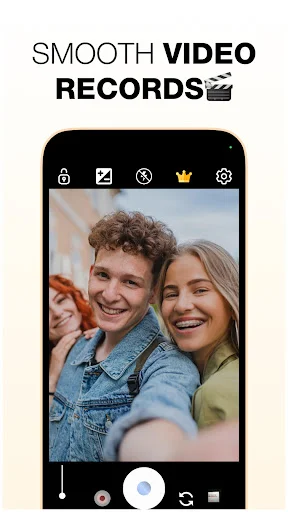 GCamGo smooth video recording interface displaying selfie preview with video capture controls and editing features for high-quality video