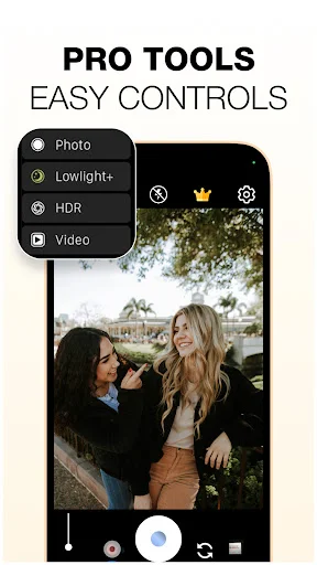 GCamGo pro tools menu with easy access to Photo, Lowlight Plus, HDR, and Video modes for advanced camera control in outdoor scene
