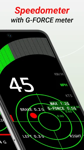 Speedometer app interface showing 45 MPH speed reading with multi-unit display (KM/H, MPH, KTS) and G-Force measurements