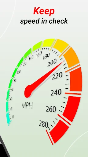 Traditional analog speedometer gauge with color-coded zones (green, yellow, orange, red) and speed scale up to 280 MPH