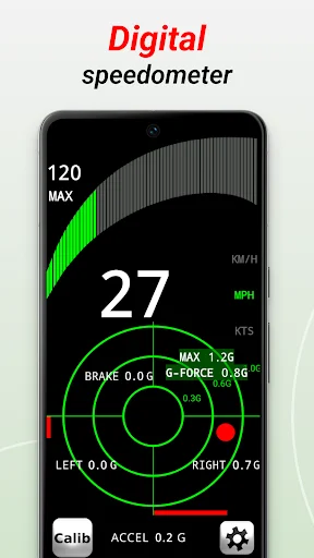 Digital speedometer showing 27 MPH with maximum speed indicator, G-Force meter, calibration option, and settings icon