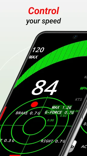 Smartphone speed tracking app showing 84 MPH with brake force, G-Force acceleration, and directional movement measurements