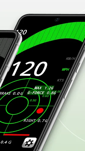 Speedometer app displaying 120 MPH maximum speed with green gauge, G-Force meter, brake force, and directional acceleration