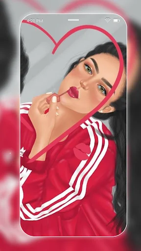 Cute girl in red tracksuit with heart frame, applying lipstick. Tap Apply to use as lock or home wallpaper.