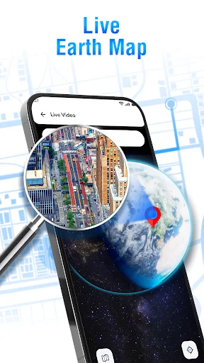 Live Earth Map feature showing real-time satellite view with zoom magnifier displaying city-level detail and globe
