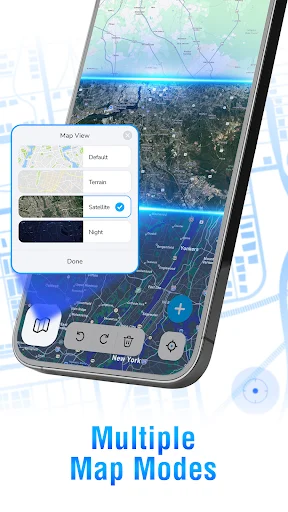 Multiple map modes menu displaying Default, Terrain, Satellite, Night options for different GPS map viewing styles