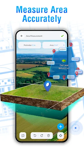Area measurement tool showing perimeter and area calculations with place markers and 3D ground layer cross-section