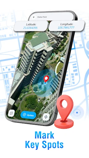 Mark key spots feature showing location coordinates, latitude/longitude data, and red GPS markers on map