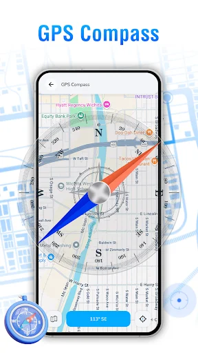GPS Compass feature with directional needle overlay on map showing navigation compass and cardinal directions