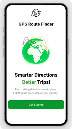 GPS Route Finder introduction screen with globe icon, app features, and Get Started button for voice-guided navigation