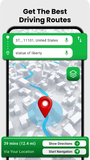GPS route planner showing address input fields, 39-minute drive to Statue of Liberty with map route visualization
