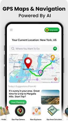 GPS Maps main interface with current location New York, search bar, route visualization, and AI trip suggestions