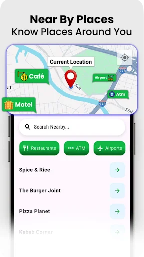 Near By Places feature showing map with nearby Cafés, Motels, ATMs, Restaurants, and Airports search functionality