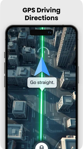 GPS driving directions view with real-time turn-by-turn guidance, route visualization, and Go straight turn instruction