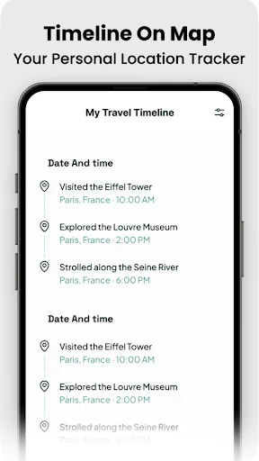 Travel Timeline tracker showing personal location history with timestamps for visits to Eiffel Tower, Louvre Museum, Seine River