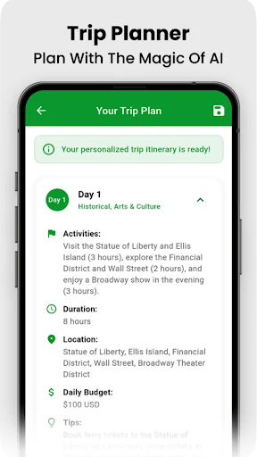 AI Trip Planner showing personalized Day 1 itinerary with activities, location details, duration, and daily budget