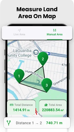 Measure Land Area tool with map points, distance calculation 1414.91m, area 220883.54 m², and point-to-point distances