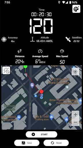 GPS speedometer app showing map view with 120 km/h speed display, altitude, satellites, and trip statistics including distance, average speed, and max speed with map tracking interface and START, Save, Reset controls