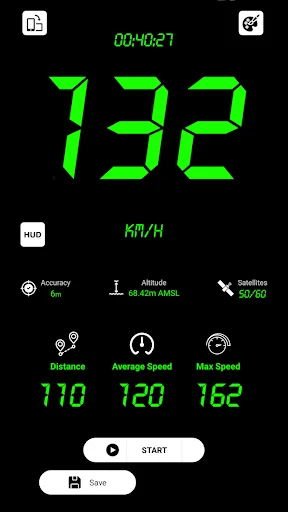 GPS speed meter displaying 132 km/h in green digital format with altitude, satellite reception, accuracy, distance, average speed, and maximum speed metrics with control buttons for tracking sessions