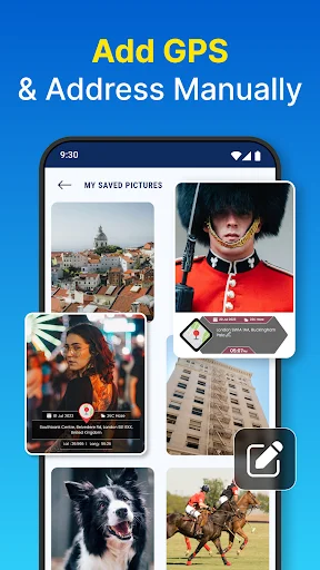 Saved photos gallery allowing users to manually add or edit GPS coordinates, address information, and location data for existing photos