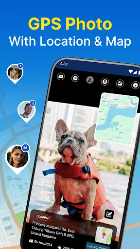 GPS Photo app interface with smartphone displaying French Bulldog photo enhanced with location data, timestamp, and integrated map view