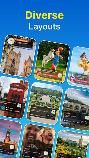 Gallery of diverse photo layout templates displaying various photos with embedded location, weather data, and GPS information overlays