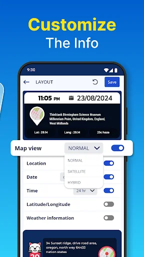 Settings customization menu with toggles for enabling map view, location display, date, time, latitude/longitude coordinates, and weather information