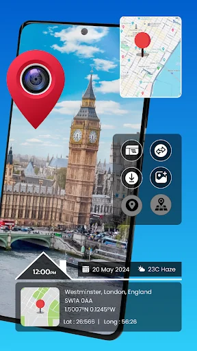 Big Ben landmark photo with red GPS location pin, map overlay showing Westminster London coordinates, and comprehensive metadata display