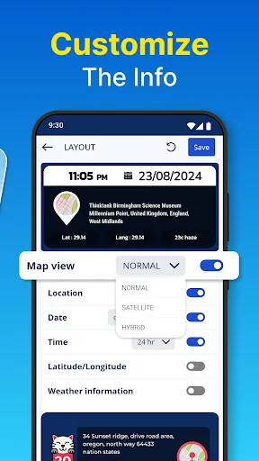 Settings customization menu with toggles for enabling map view, location display, date, time, latitude/longitude coordinates, and weather information