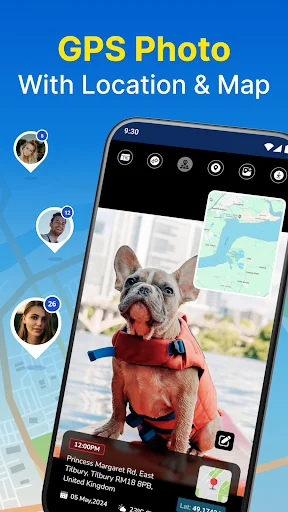 GPS Photo app interface with smartphone displaying French Bulldog photo enhanced with location data, timestamp, and integrated map view