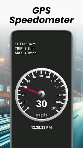 GPS Speedometer app displaying real-time speed of 30 mph with distance tracking and maximum speed monitoring
