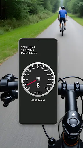Cycling speed tracker displaying GPS speedometer at 8 mph with bike distance and speed statistics