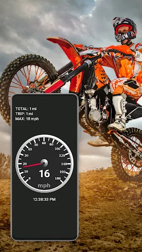 Motocross dirt bike speed tracker showing 16 mph speedometer for off-road riding distance tracking