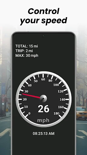 Speed control interface showing 26 mph current speed with trip distance and maximum speed tracking features