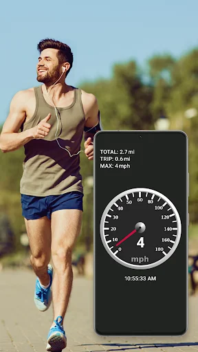 Running fitness tracker using GPS speedometer showing 4 mph jogging speed and distance measurement