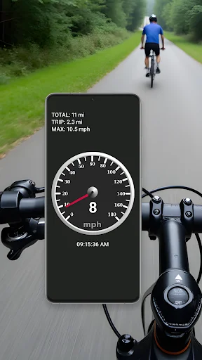 Cycling speed tracker displaying GPS speedometer at 8 mph with bike distance and speed statistics