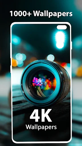 Wallpaper HD 4K app interface showing 1000+ wallpapers collection with camera lens design visual