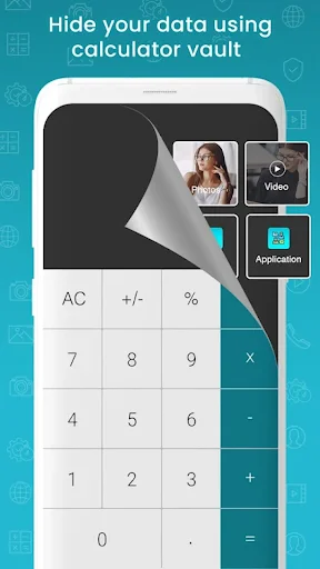 Calculator Vault interface with hidden vault door revealing Photos, Video, and Application storage options