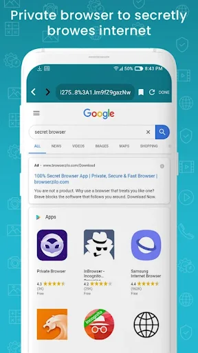Private browser interface for secret internet browsing with Google search and private browser app options