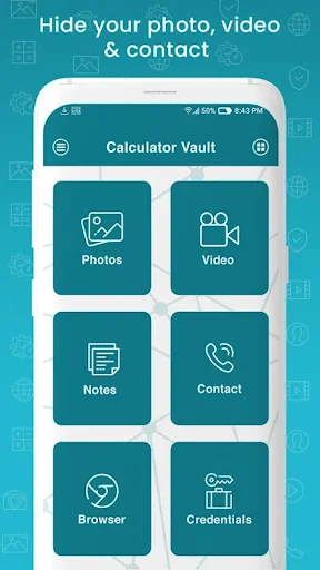 Calculator Vault dashboard menu with options to hide Photos, Videos, Notes, Contacts, Browser, and Credentials