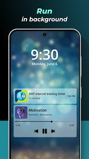 HIIT interval training timer app running in background with notification and music player visible on device lock screen.