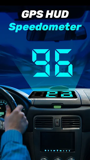 GPS HUD Speedometer with large cyan digital display showing 85 speed on car dashboard with steering wheel visible
