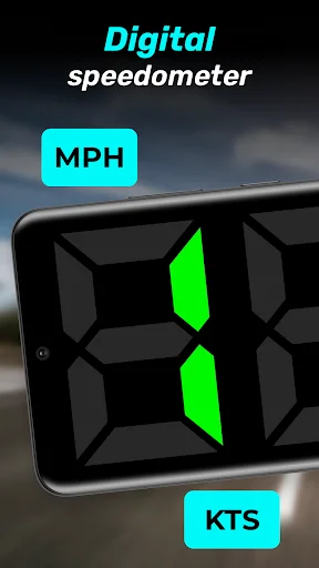 Digital speedometer app showing green numbers with MPH and KTS unit options on smartphone in car