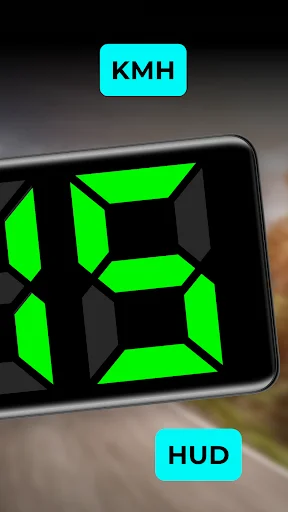 HUD speedometer display with bright green digital numbers in KMH mode on smartphone screen