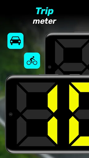 Trip meter features with car and bike icons plus digital speed display on multiple smartphone screens