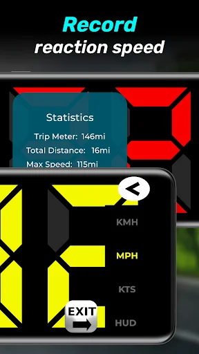 Statistics panel showing trip meter, distance, and max speed with yellow digital display and HUD controls