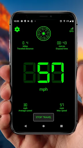 GPS Speedometer mph tracker displaying real-time speed of 859 mph with distance, time, average and maximum speed metrics